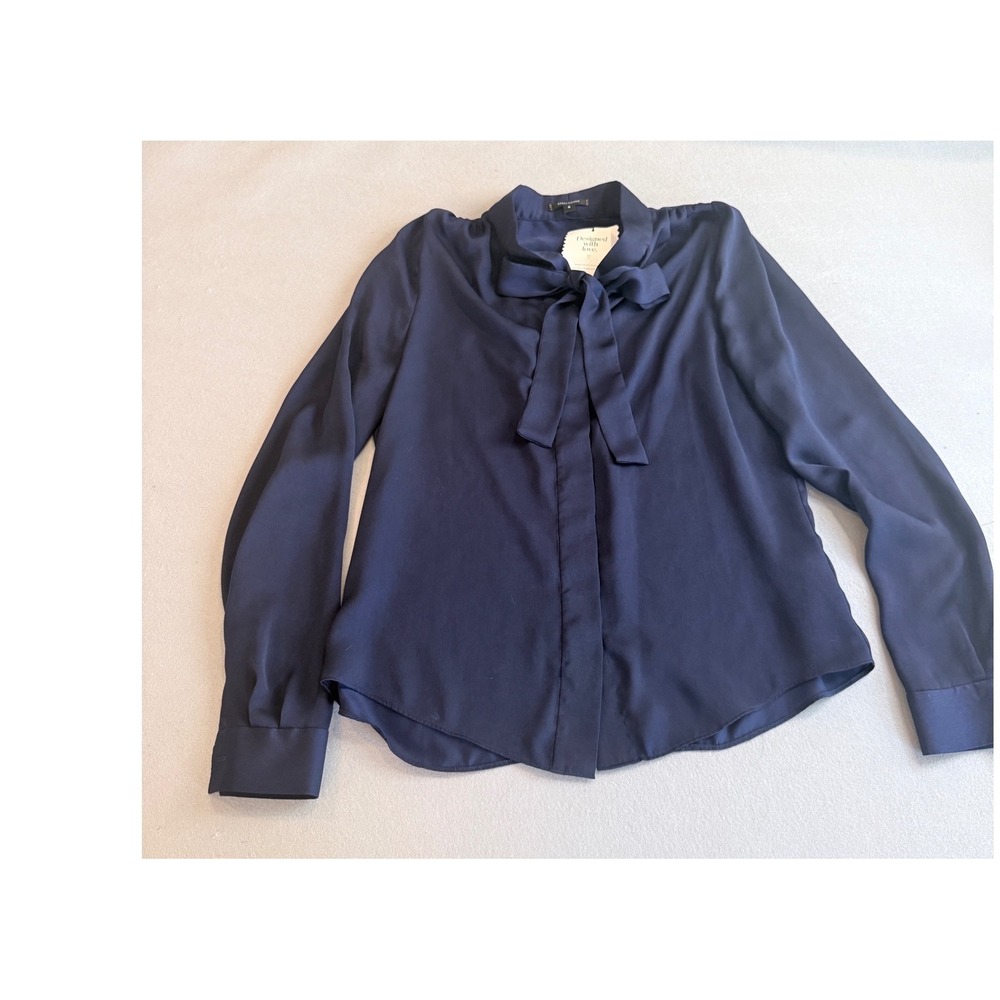 Stella & Dot Navy Blue Tie Neck Bow Blouse Long Sleeve Top Small NEW